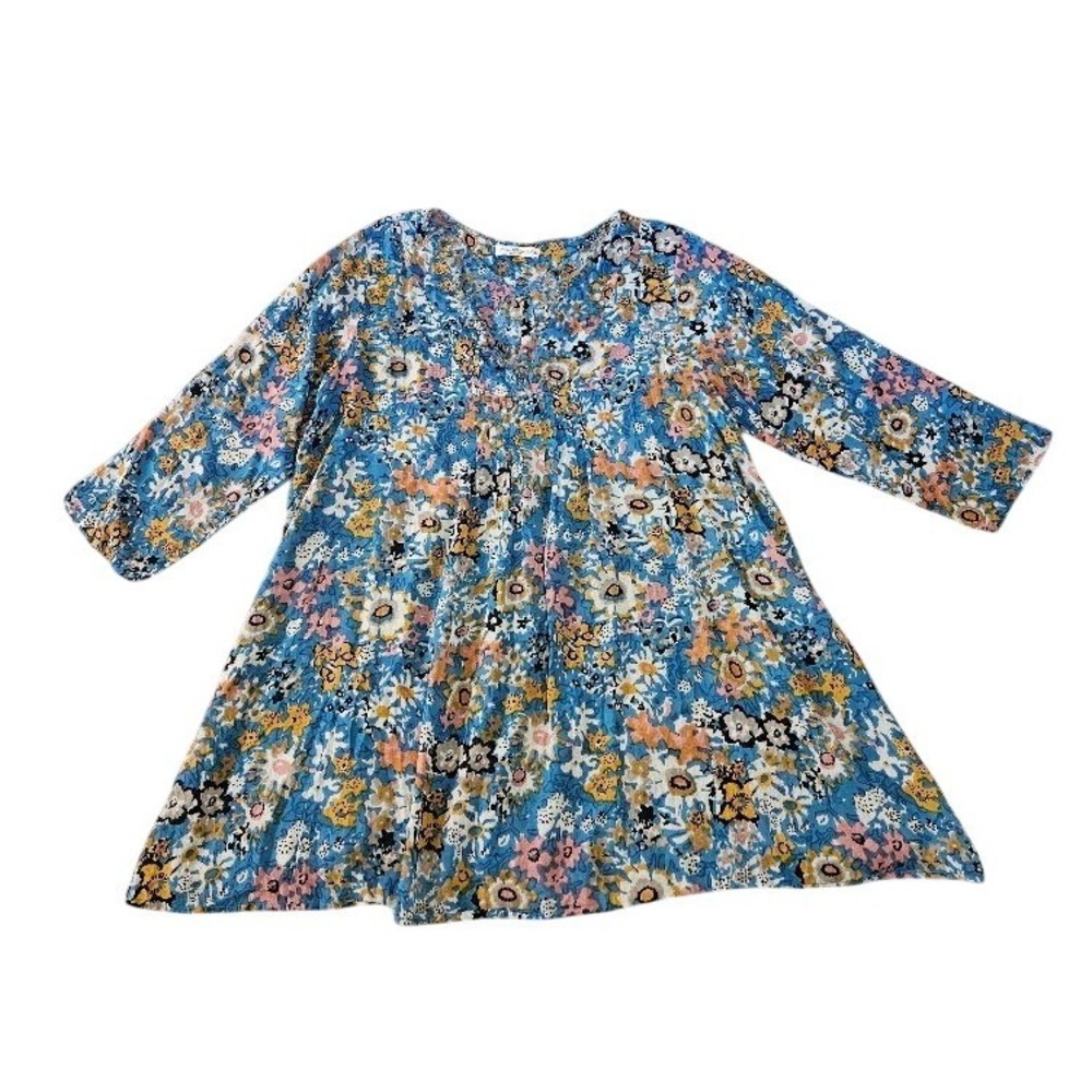 Natural Life Women Blue Floral Cotton Tunic Top Dress V-Neck Large XL Boho